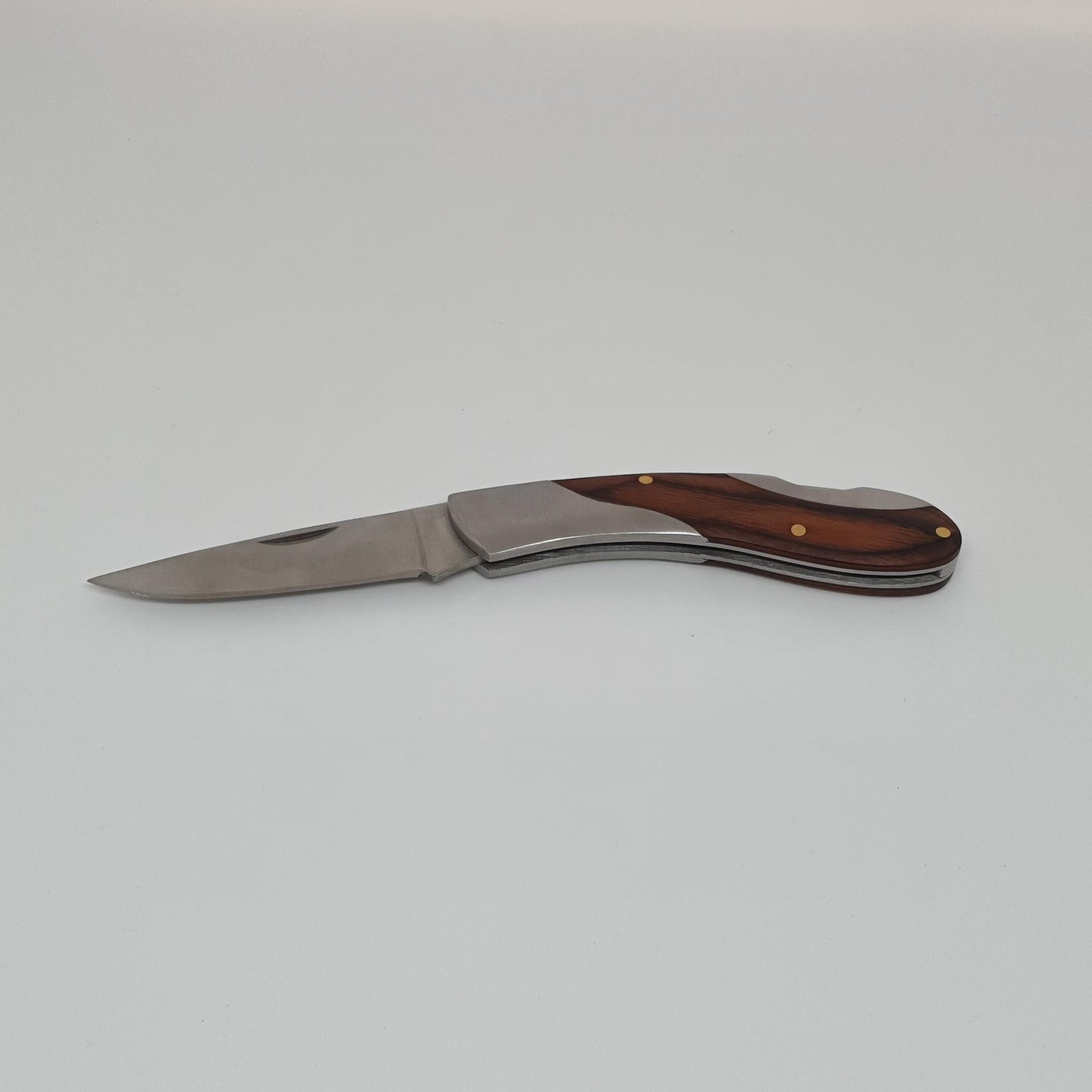 Stainless steel folding blade Stainless steel handle with wood inlay
