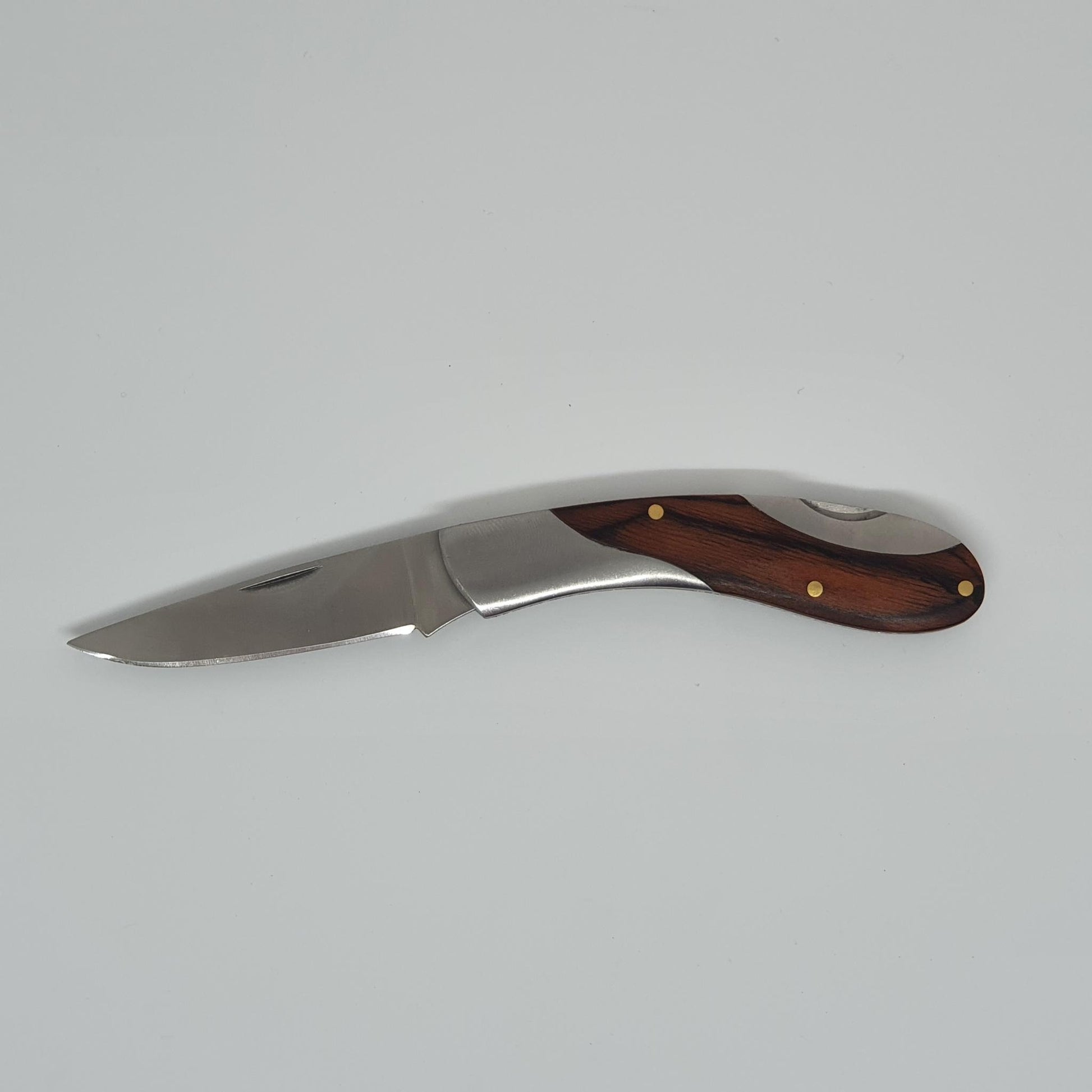 Stainless steel folding blade Stainless steel handle with wood inlay